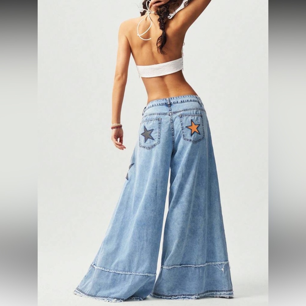 NWOT Bohemela Acid Wash Wide Leg Pants With Star Patch Details Size L - Picture 3 of 15